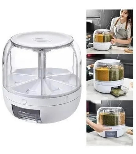 Dispensador De Alimentos Giratorio C, 6 Divisiones, Para Granos Color Blanco