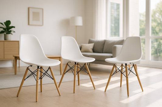 Kit de 3 sillas eames blancas con patas de madera en una sala moderna con luz natural