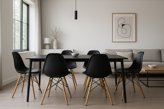 kit de 6 sillas tipo eames negras con patas de madera en una sala moderna