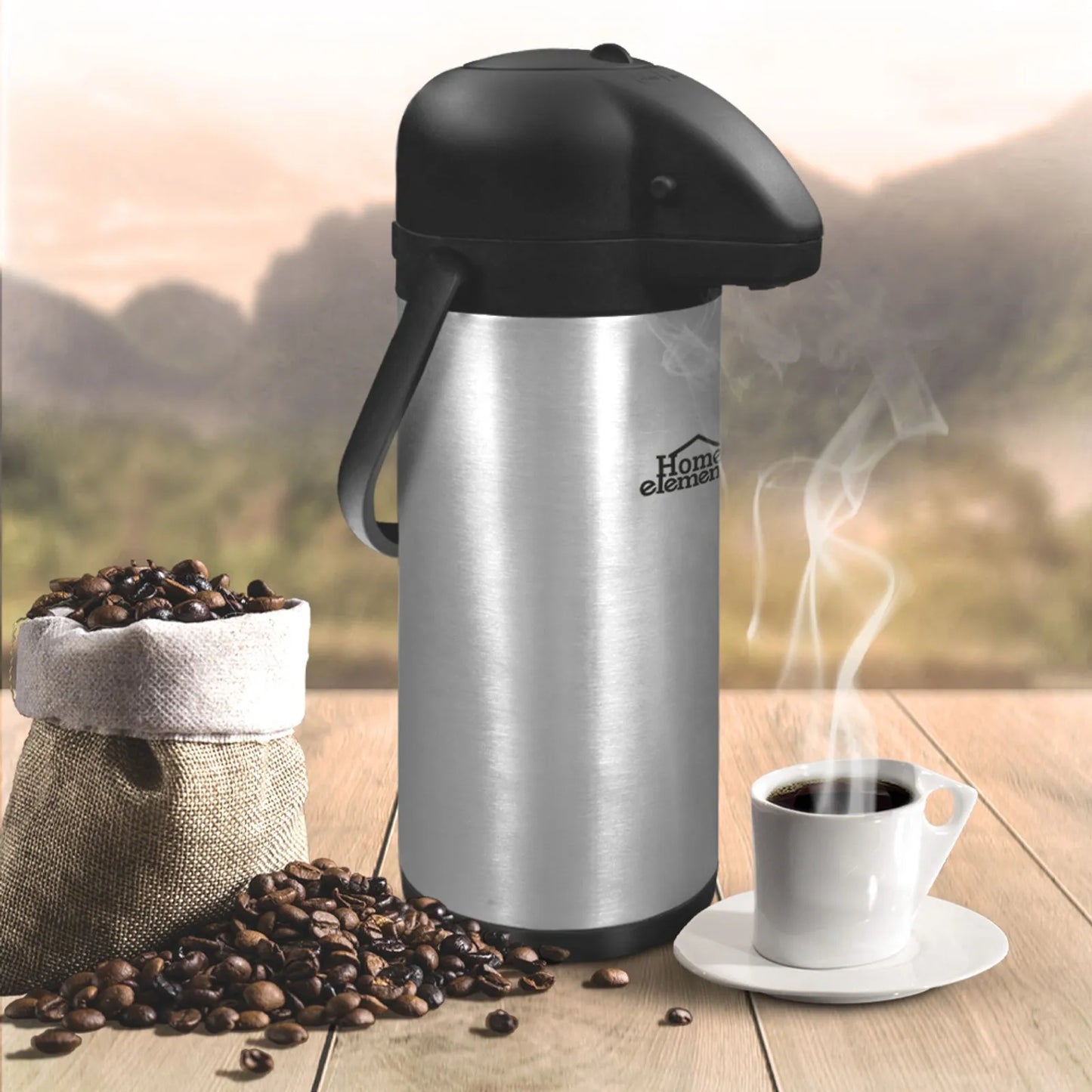 Termo Bomba Para Café Con Dispensador 3 Lt Home Elements Color Plateado