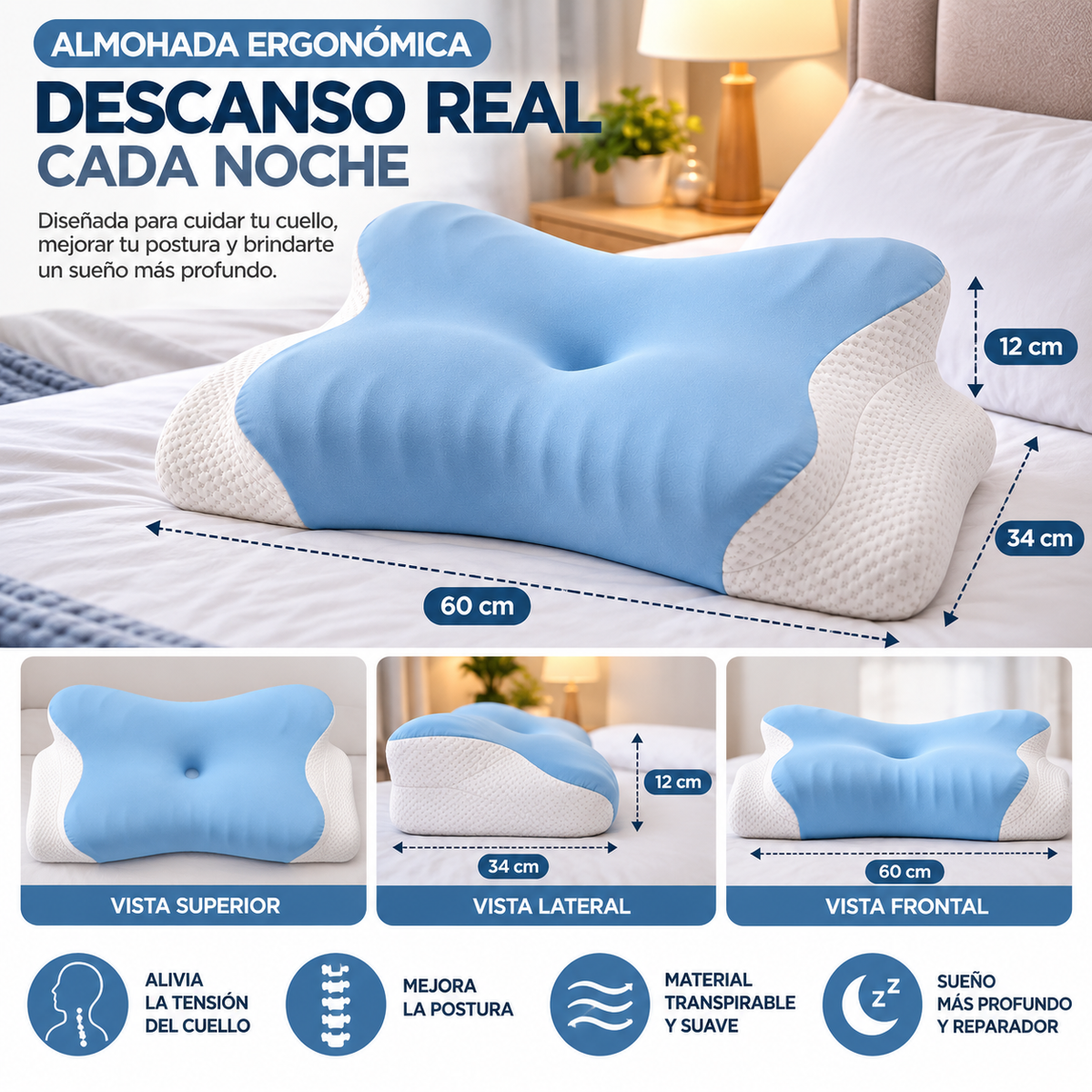 Almohada Mariposa Ortopédica Cervical Zebbris Memory Foam Gel Viscoelástica