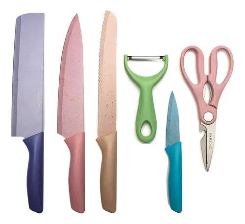 Set Cuchillos 6 Pzs Acero Inoxidable Mármol Mango Ergonómico