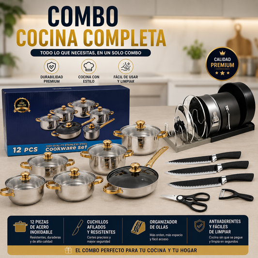 Combo Juego De Ollas De Cocina En Acero Zebbris 12 Piezas Dorado + Obsequio