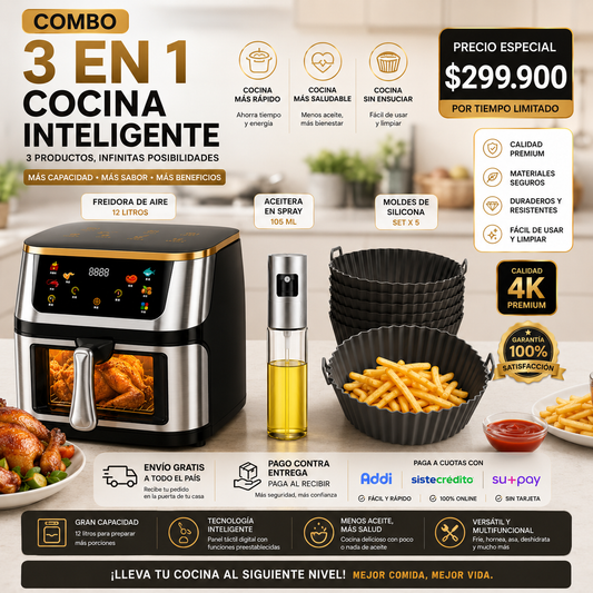 Combo Freidora De Aire Sin Aceite 12l Clickhome + Obsequios