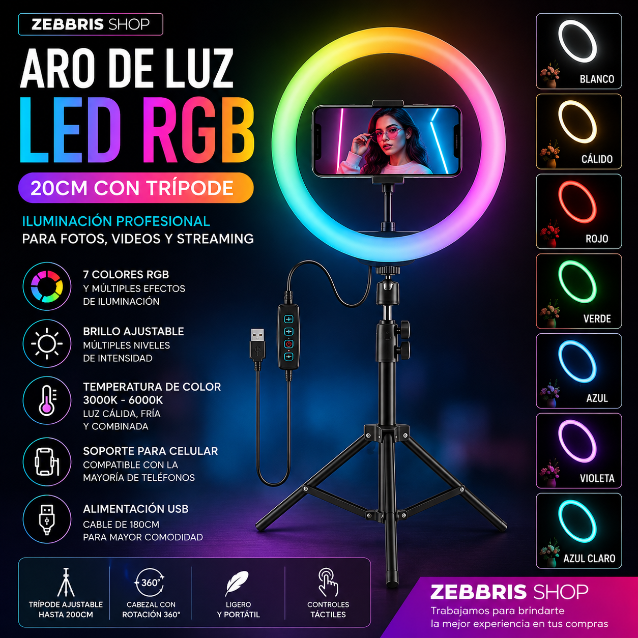 Aro De Luz Multicolor 33 cm RGB + Trípode