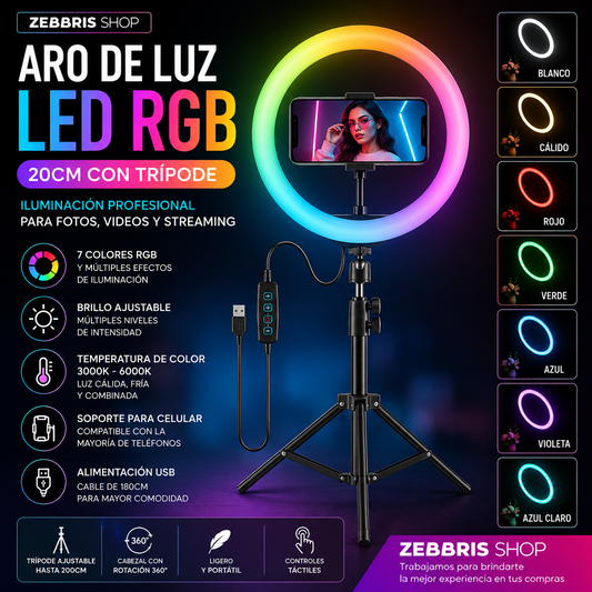 Aro De Luz Multicolor 20 Cm Rgb + Trípode