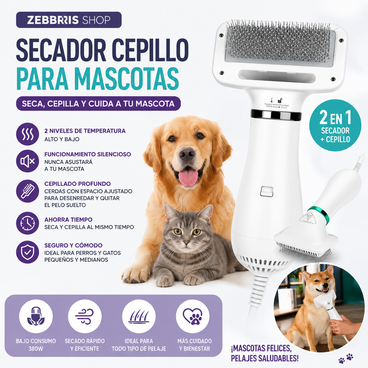 Cepillo Secador Perros Gatos Mascotas Humedad Pelo Aire