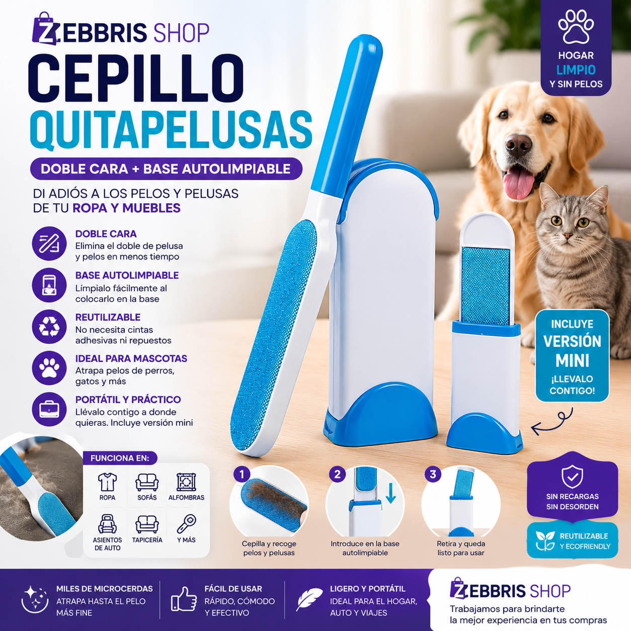 Cepillo Removedor Quita Pelos Y Pelusas Mascota Autolimpieza