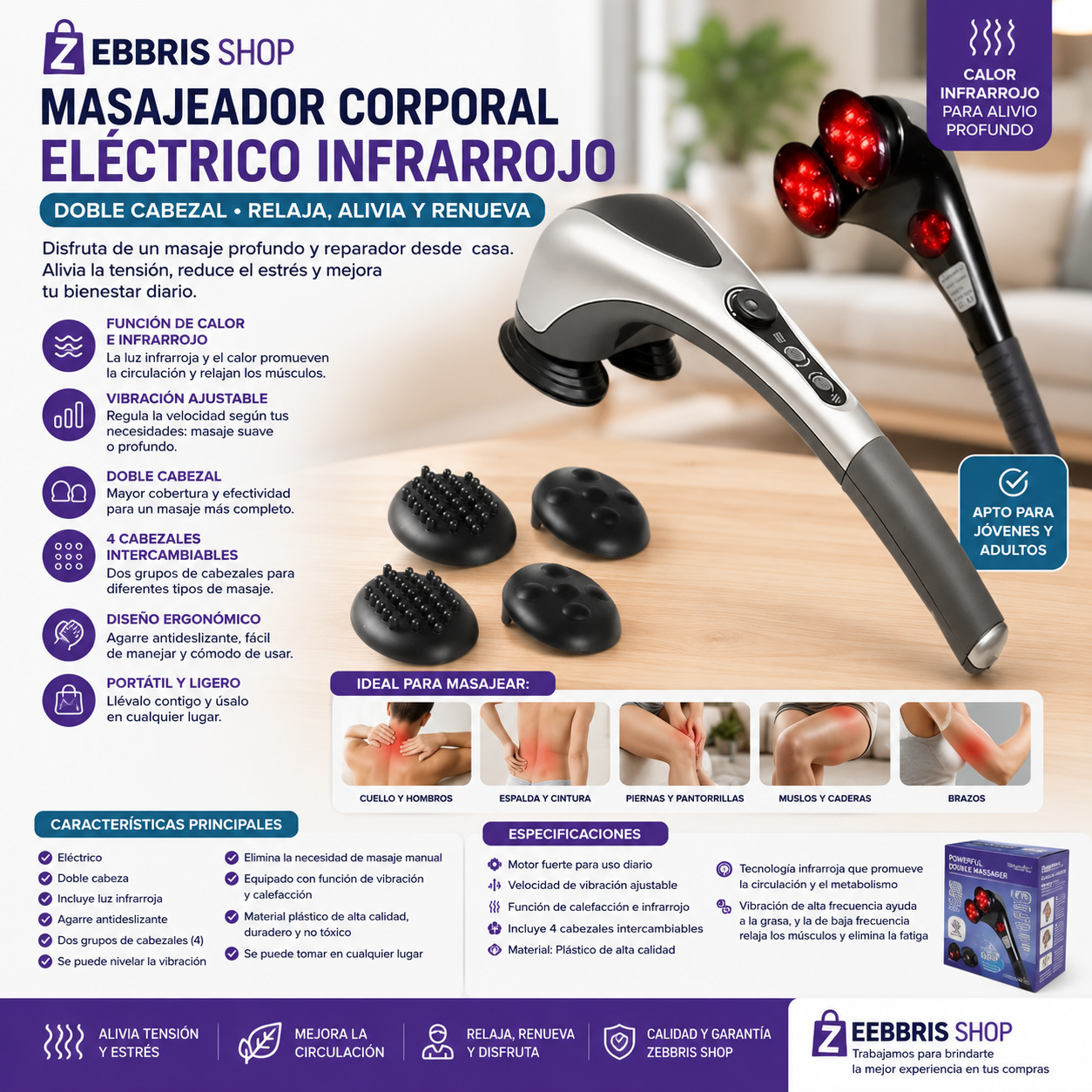 Masajeador Eléctrico Doble Cabeza Corporal Con Infrarrojo