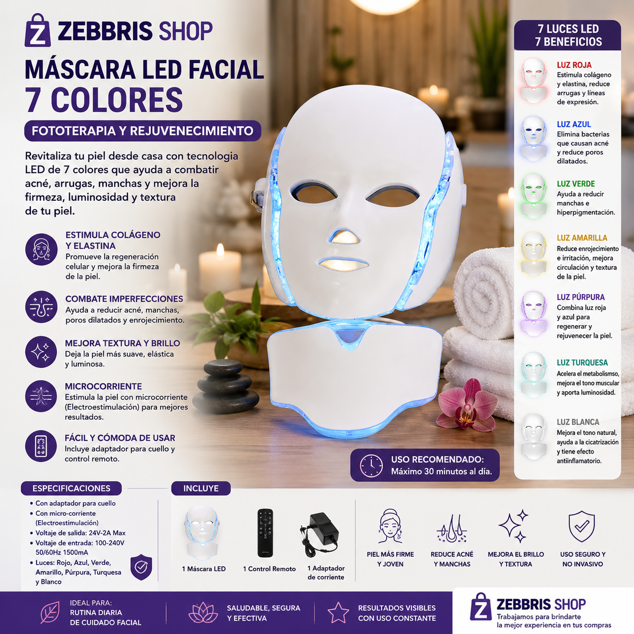 Máscara Fototerapia Facial + Cuello 7 Colores