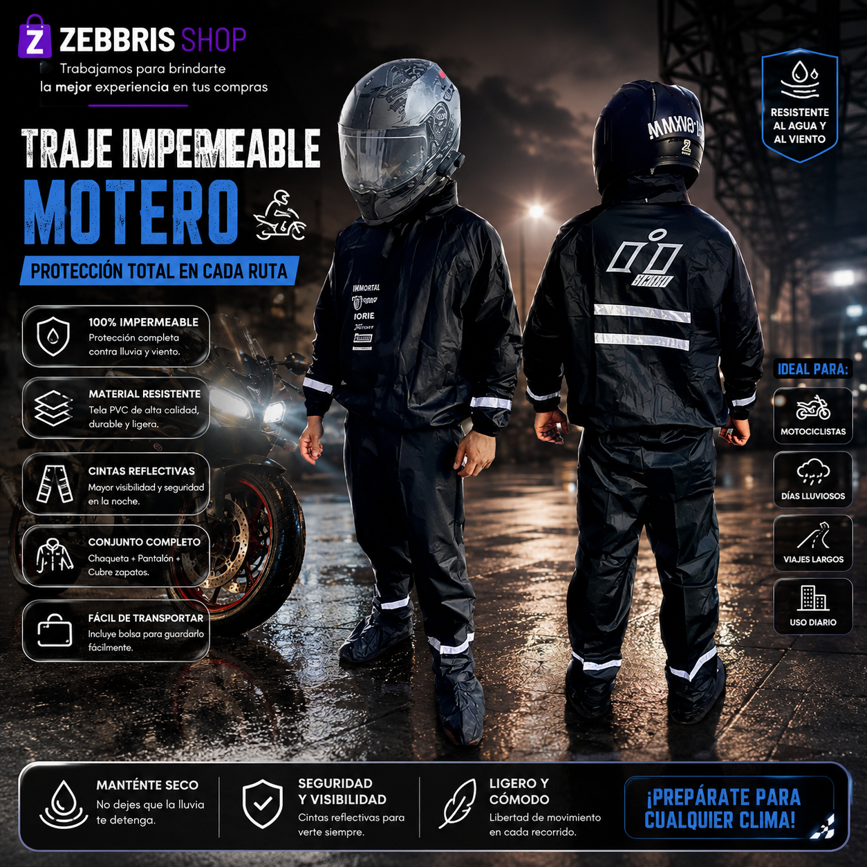 Traje Impermeable Para Moto Zebbris 4 Piezas Pvc