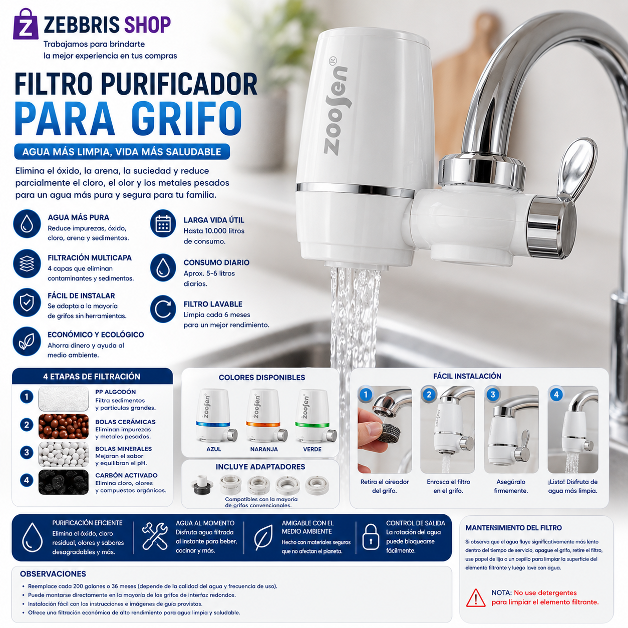 Filtro Purificador De Agua Adaptable Llave Grifo Ó Cocina