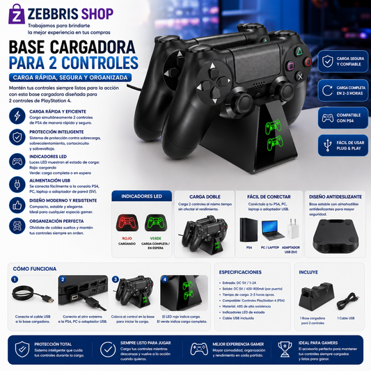 Cargador Dual Con Controlador Usb Ps4 Slim Ps4 Pro Dualshock