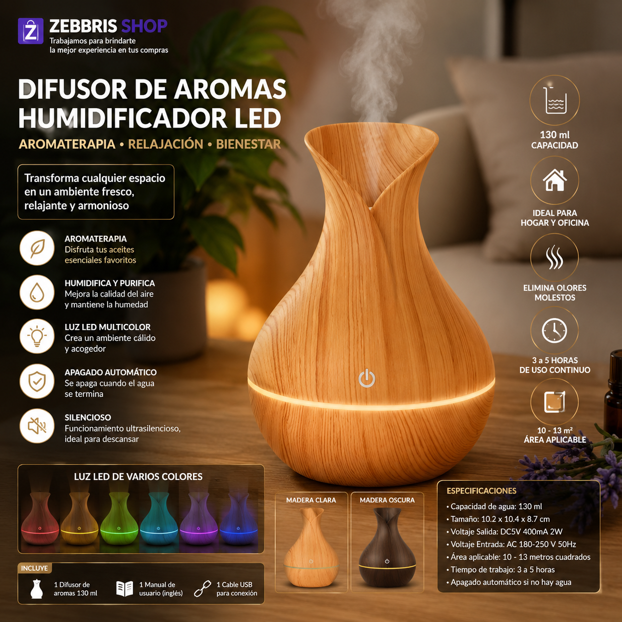 Difusor Aroma Ambientador Aromatizador Luz Led