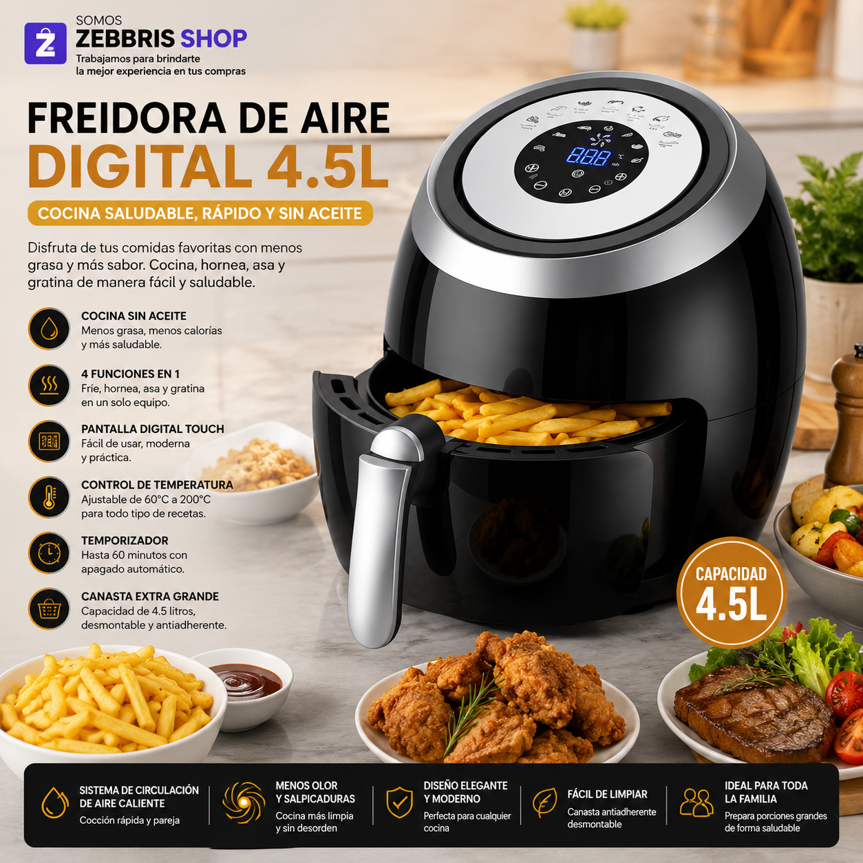 Freidora Eléctrica De Aire Digital 4.5 Litros Oven