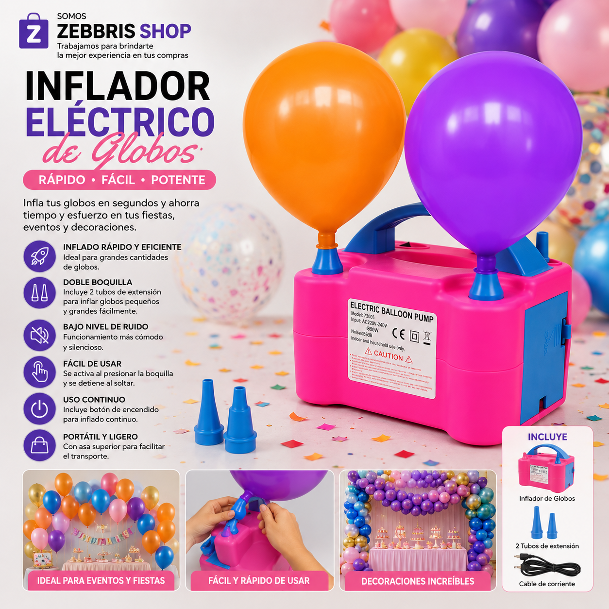 Inflador De Globos Electrico 600w Doble Boquilla