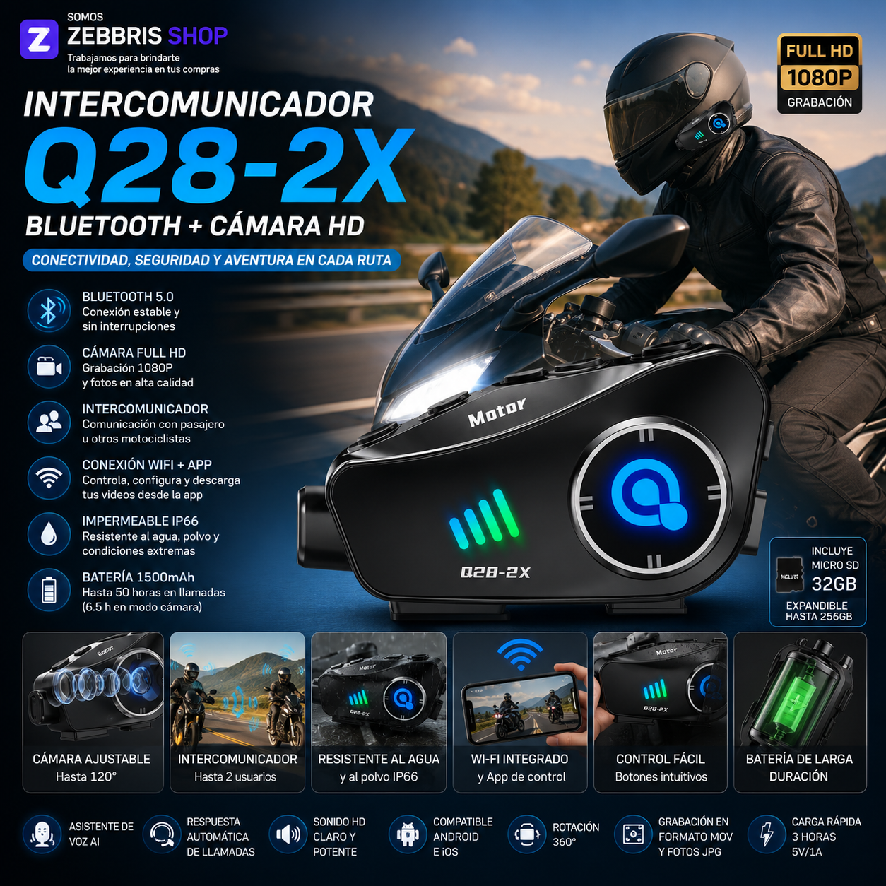 Intercomunicador Zebbris Con Cámara Motor Q28-2xblutooth 5.0