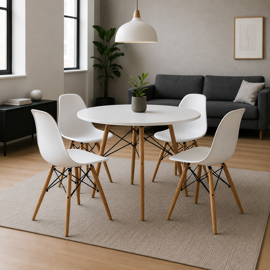 Kit Comedor Redondo Zebbris +4 Sillas Tipo Eames Blancas