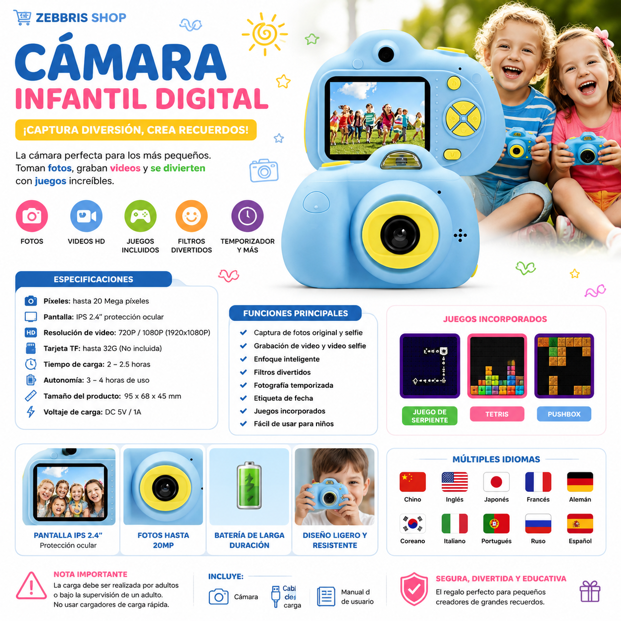 Camara Digital Para Niños Huellitas Azul Fotos Vídeos Con Juego Incorporado