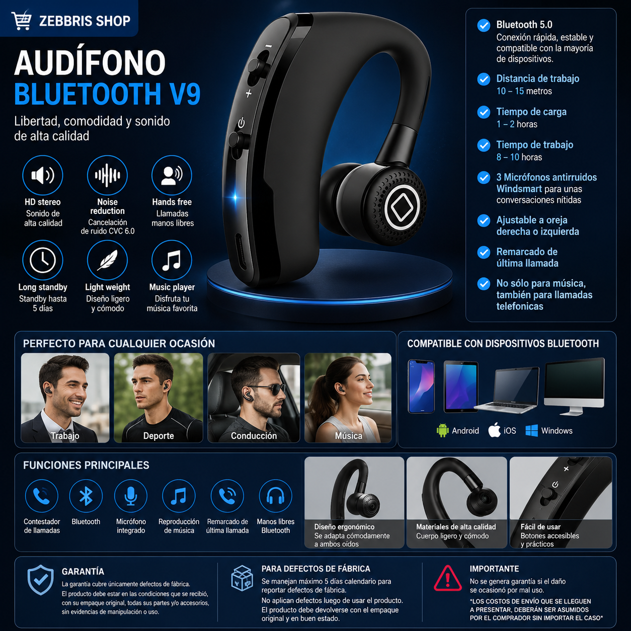 Manos Libres Bluetooth V9 Audífono Para iPhone Y Android