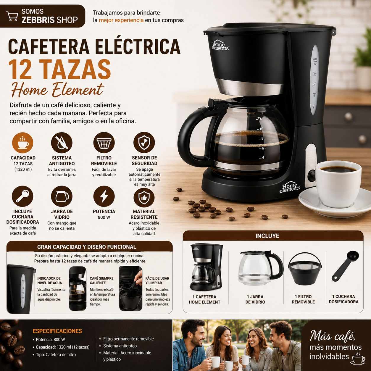 Cafetera Eléctrica Home Elements 12 Tazas Jarra De Vidrio