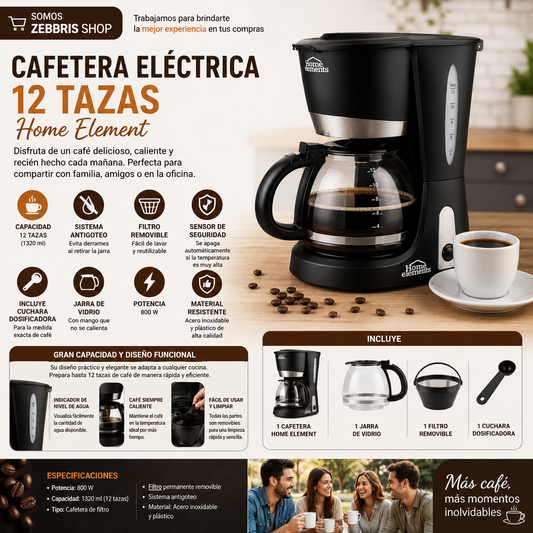 Cafetera Eléctrica Home Elements 12 Tazas Jarra De Vidrio