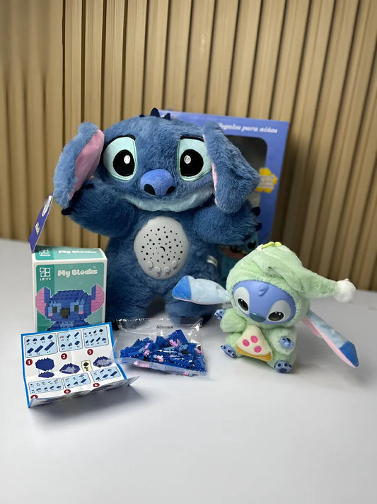 Combo Zebbris 3 En 1 Stich +llavero+lego+peluche Proyector - Azul