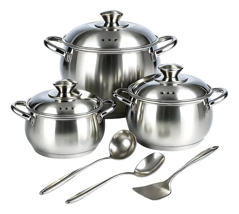 Batería De 3 Ollas Swisshome Acero Inoxidable Con Accesorios Color Plateado