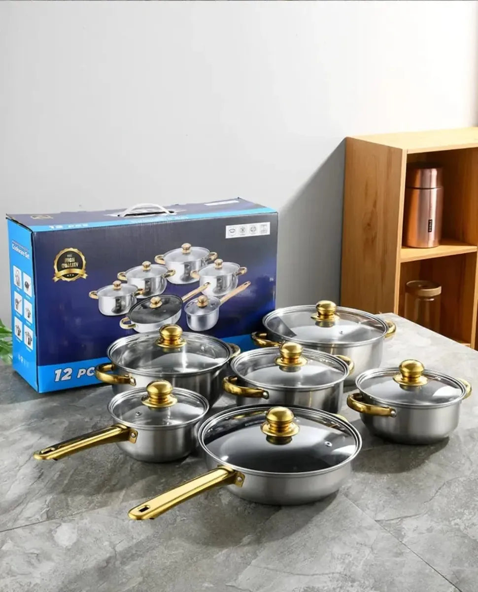 Juego De Ollas De Cocina En Acero Zebbris 12 Piezas Dorado