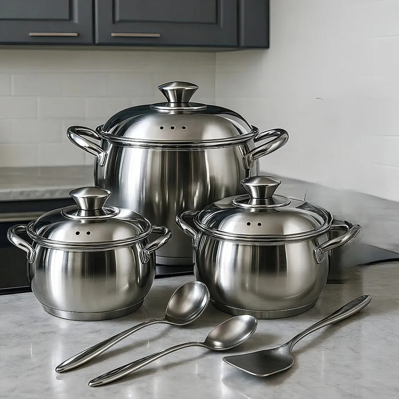 Batería De 3 Ollas Swisshome Acero Inoxidable Con Accesorios Color Plateado