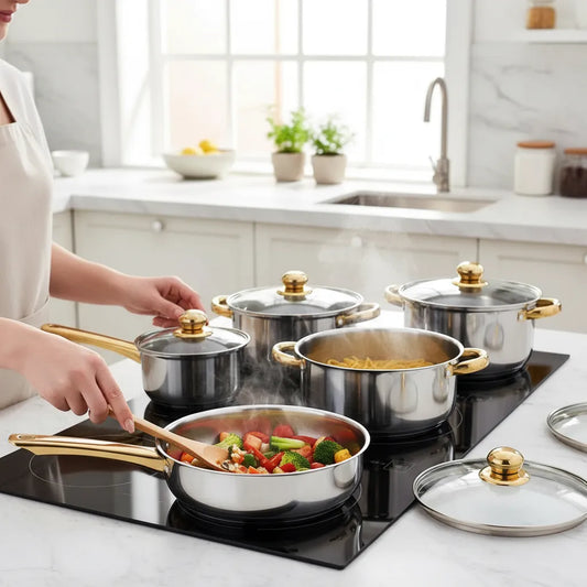 Combo Juego De Ollas De Cocina En Acero Zebbris 12 Piezas Dorado + Obsequio