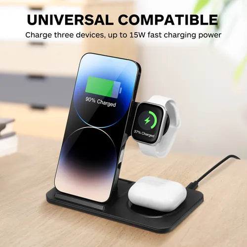 Cargador Inalámbrico Rápido 15w Standion 3 En 1