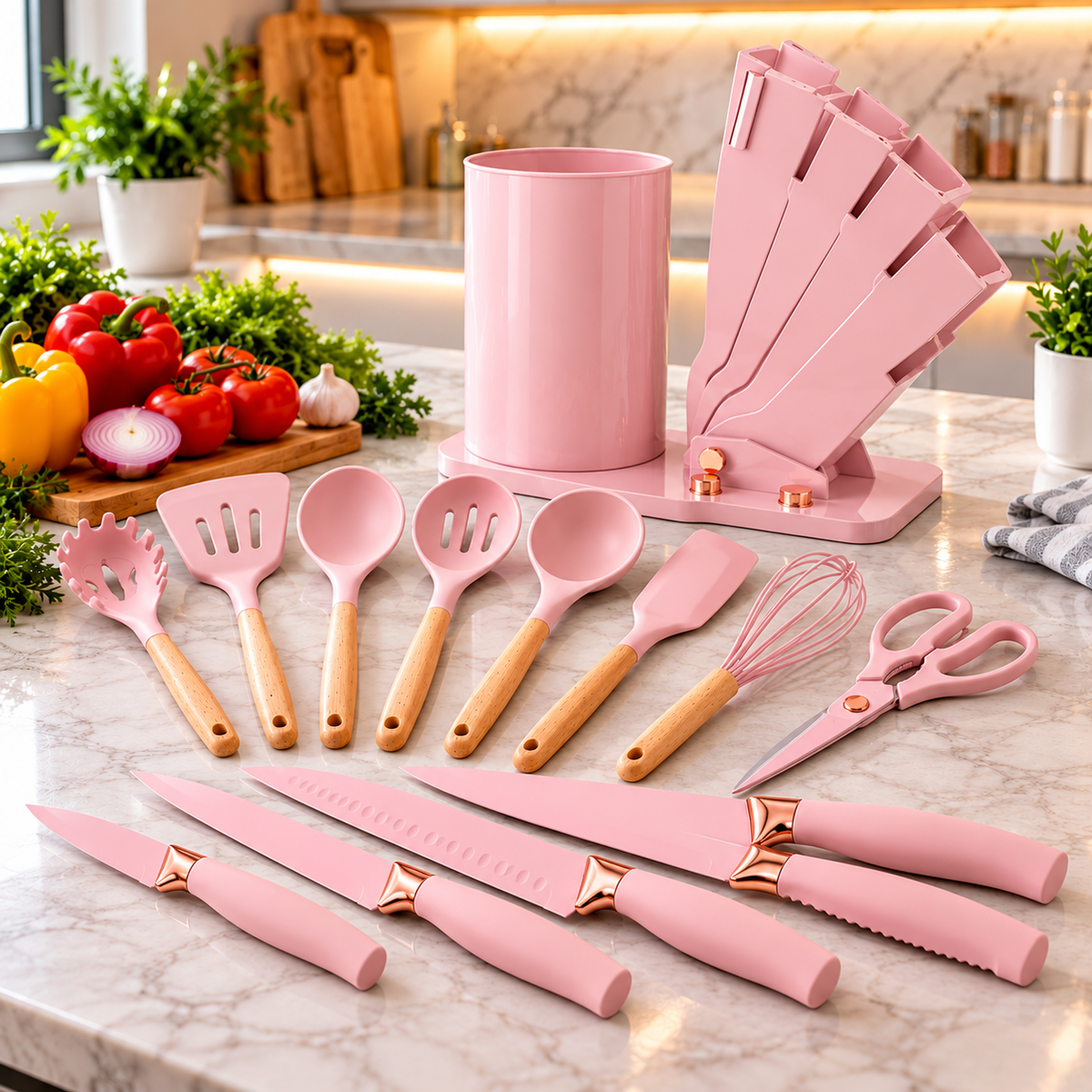 Set Utensilios De Cocina Zebbris Silicona Juego De Cuchillos X19 ROSA