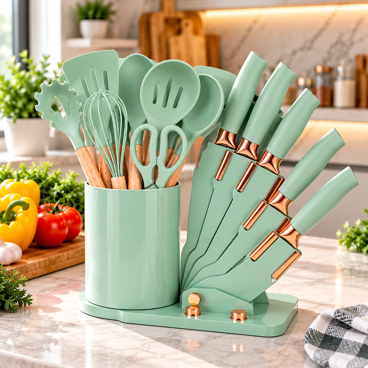 Set Utensilios De Cocina Zebbris Silicona Juego De Cuchillos X19 Verde