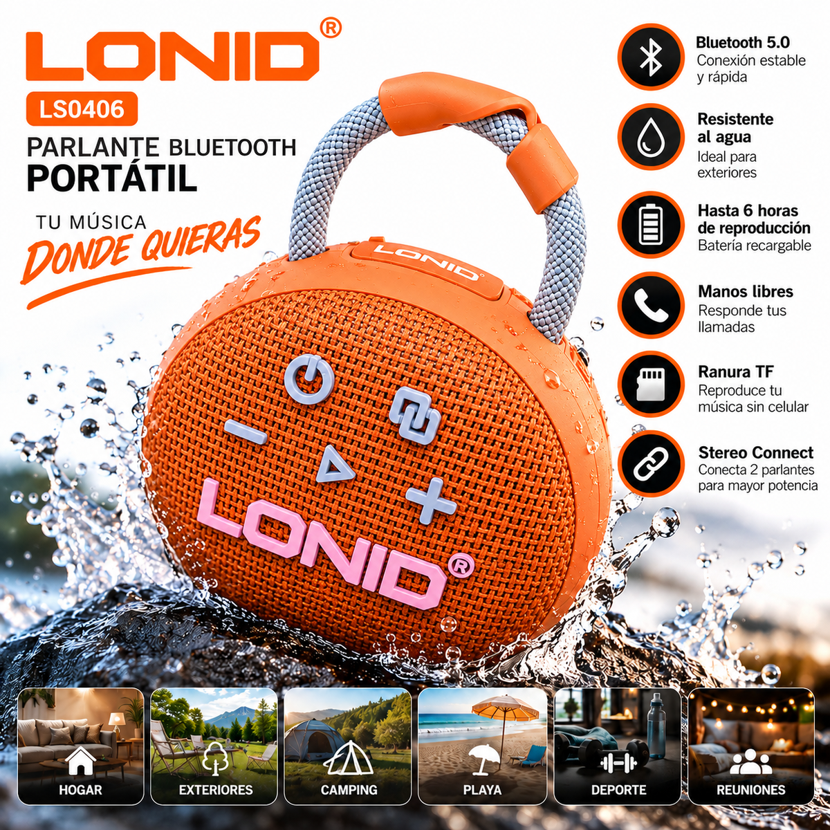 Parlante Bluetooth Ldnio Ls0406 Portátil Y Resistente Agua Naranja