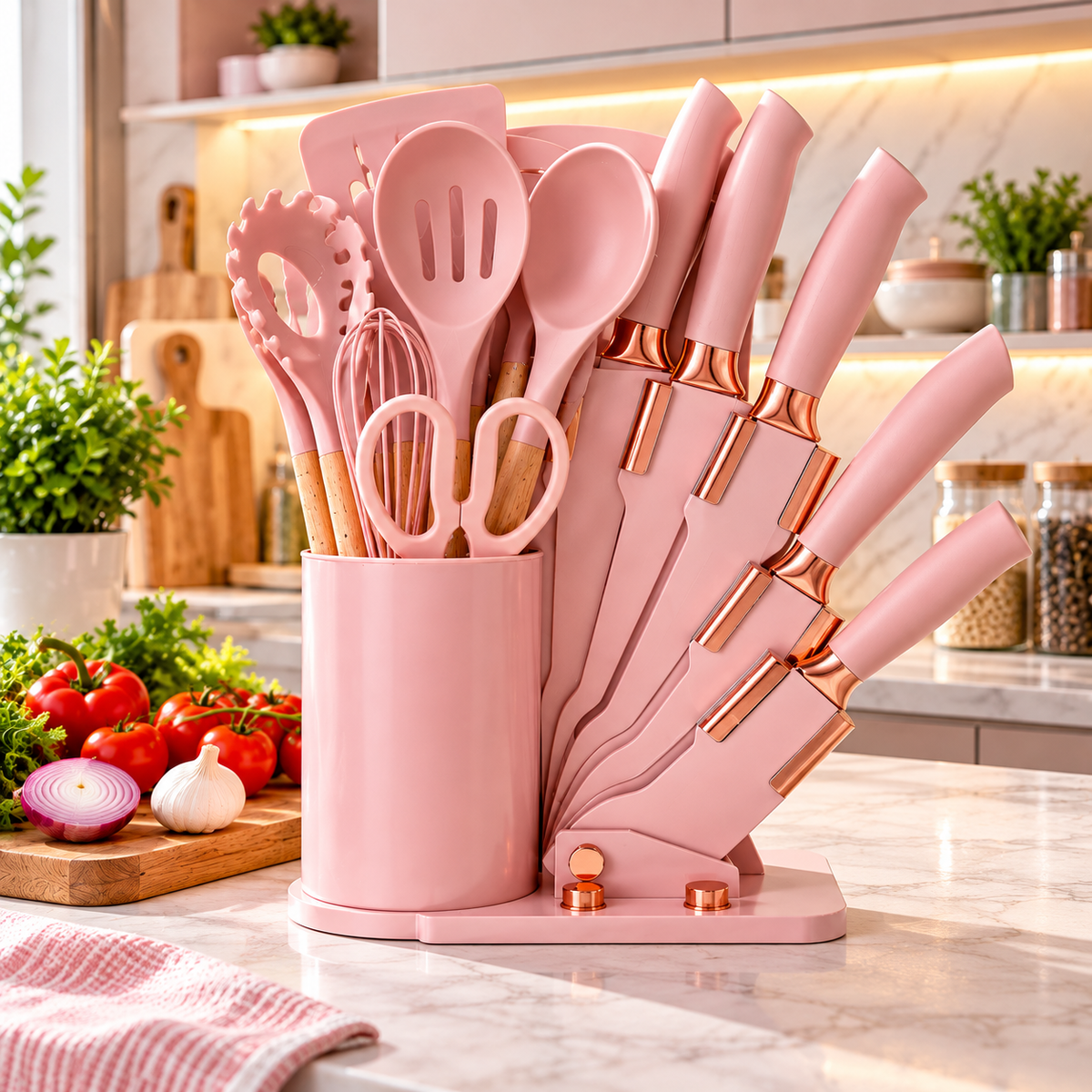 Set Utensilios De Cocina Zebbris Silicona Juego De Cuchillos X19 ROSA