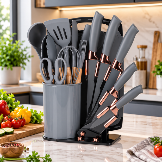 Set Utensilios De Cocina Zebbris Silicona Juego De Cuchillos X19 GRIS
