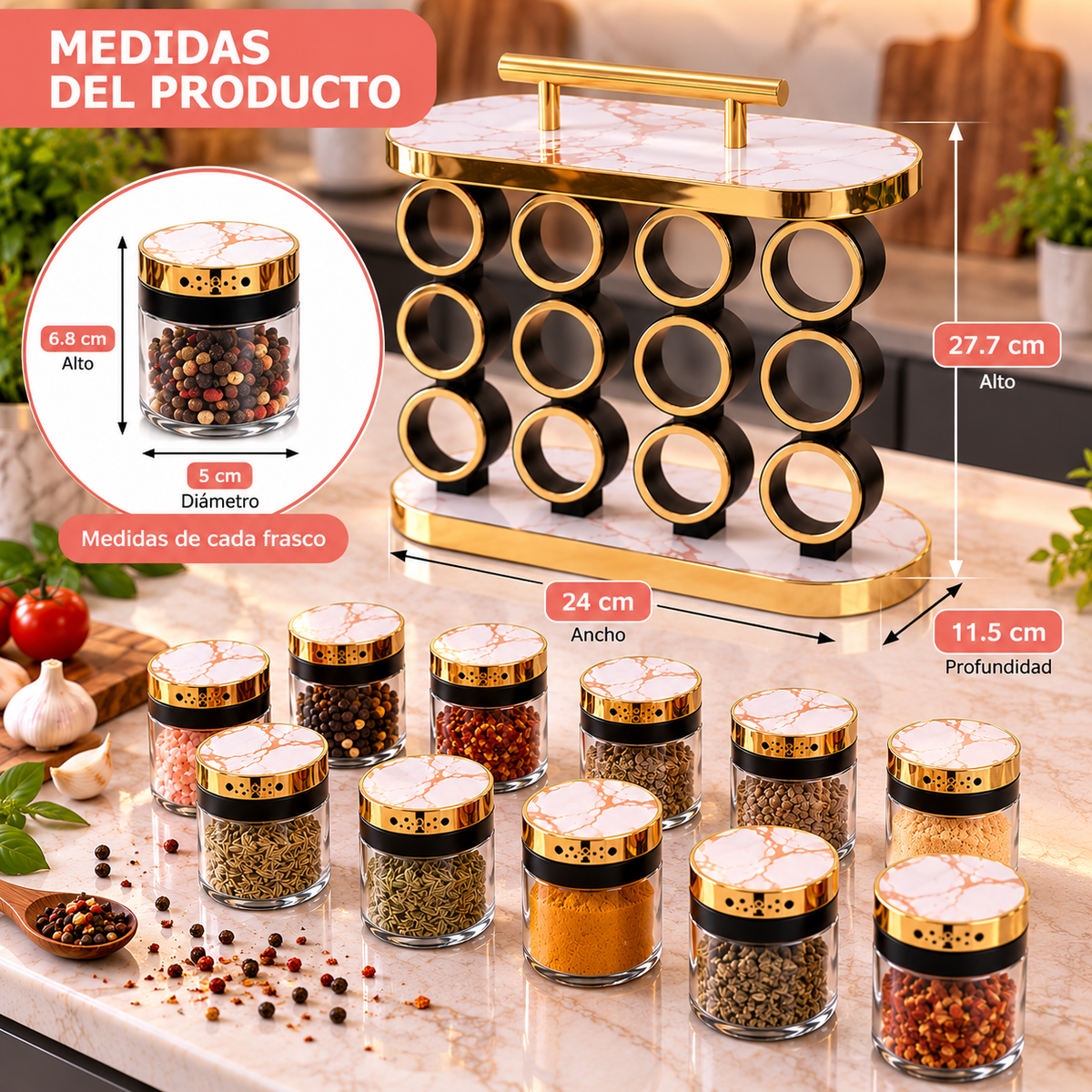 Especiero Condimentero 12 Frascos Zebbris Efecto Mármol Cocina