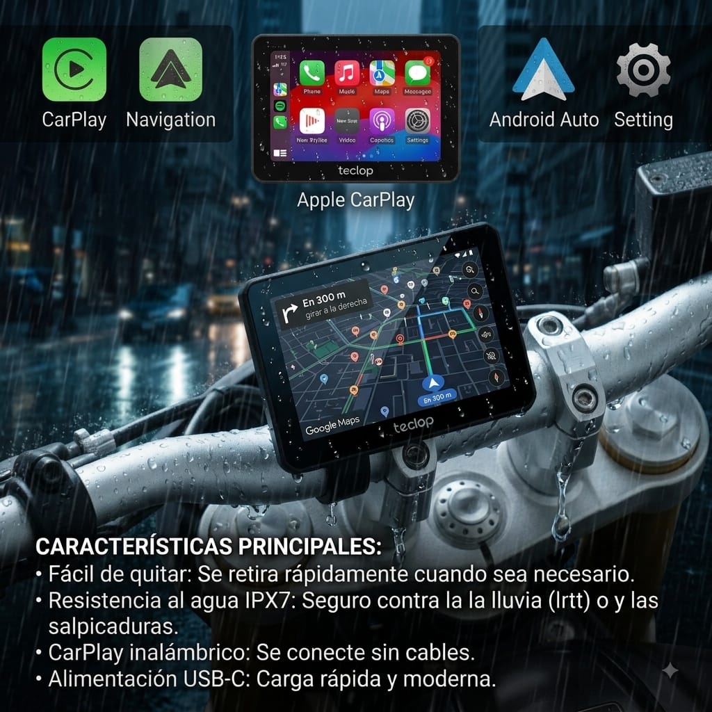 Pantalla Carplay para Moto Motocicleta Navegador Gps Pantalla Tactil Bluetooth Android o IOS