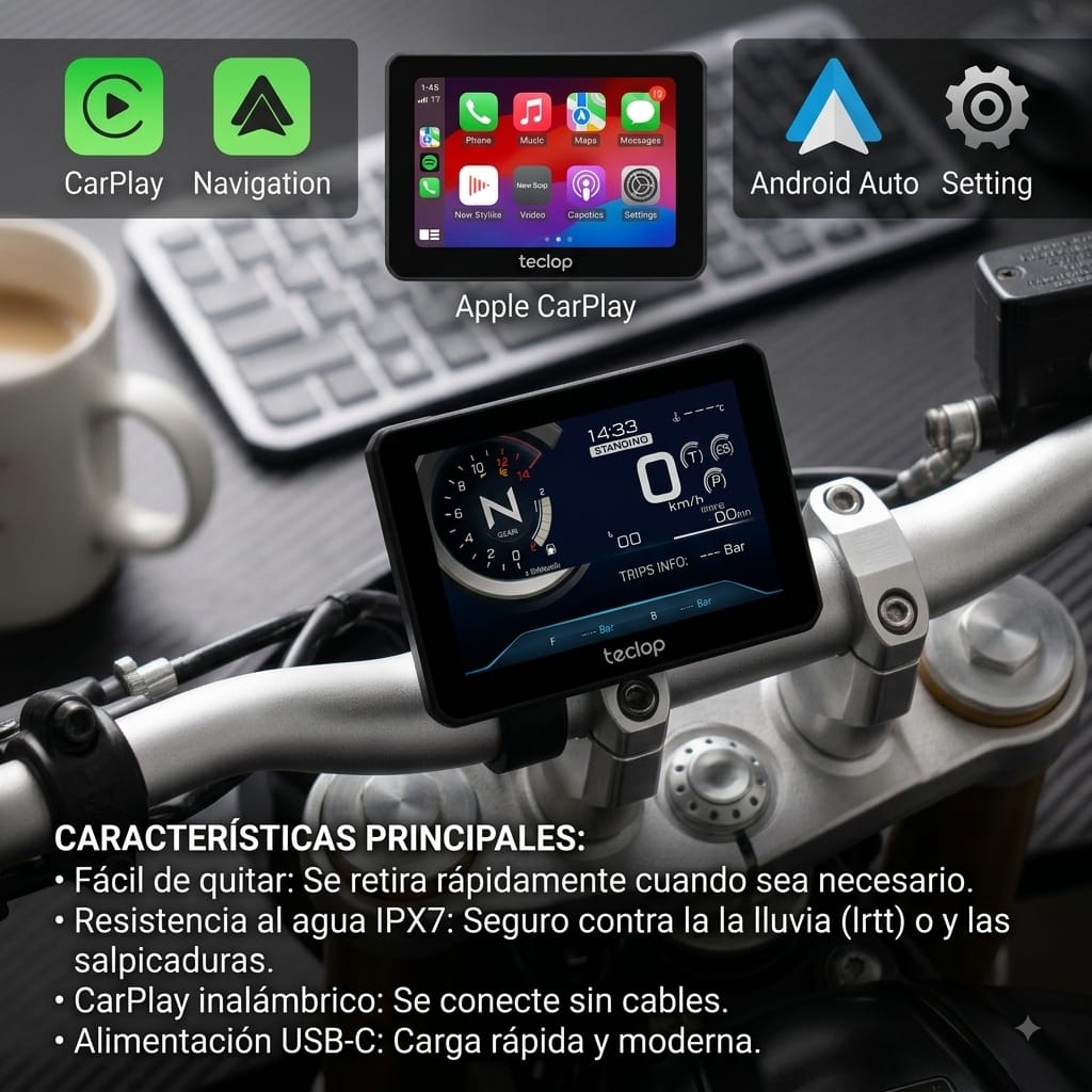 Pantalla Carplay para Moto Motocicleta Navegador Gps Pantalla Tactil Bluetooth Android o IOS