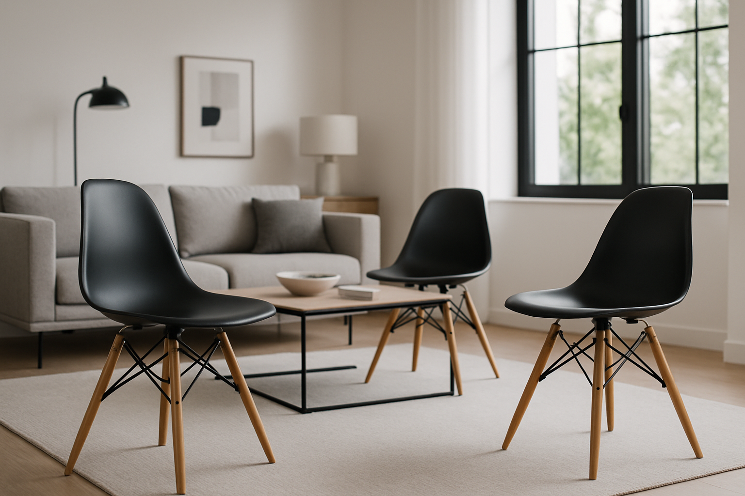 kit de 3 sillas eames color negra con patas de madera en una sala moderna