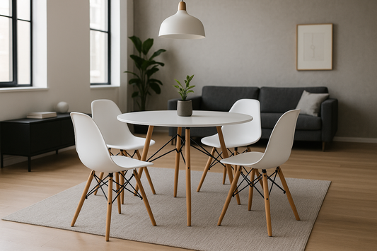 kit de 4 sillas eames blancas con paras de madera y una mesa tipo eames redonda blanca con patas de madera en una sala u oficina moderna