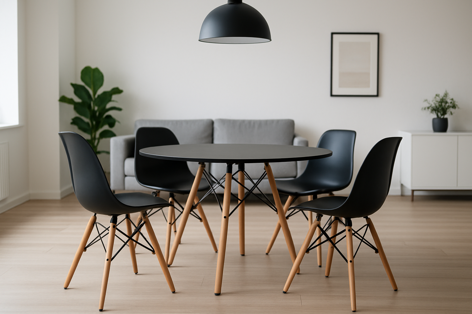 kit de 4 sillas eames color negro con patas de madera y una mesa redonda tipo eames con patas de madera en una sala u oficina moderna