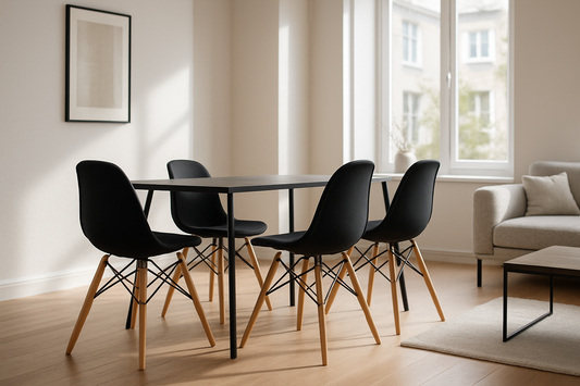 Kit de 4 sillas tipo eames color negro con patas de madera en una sala moderna con luz natural