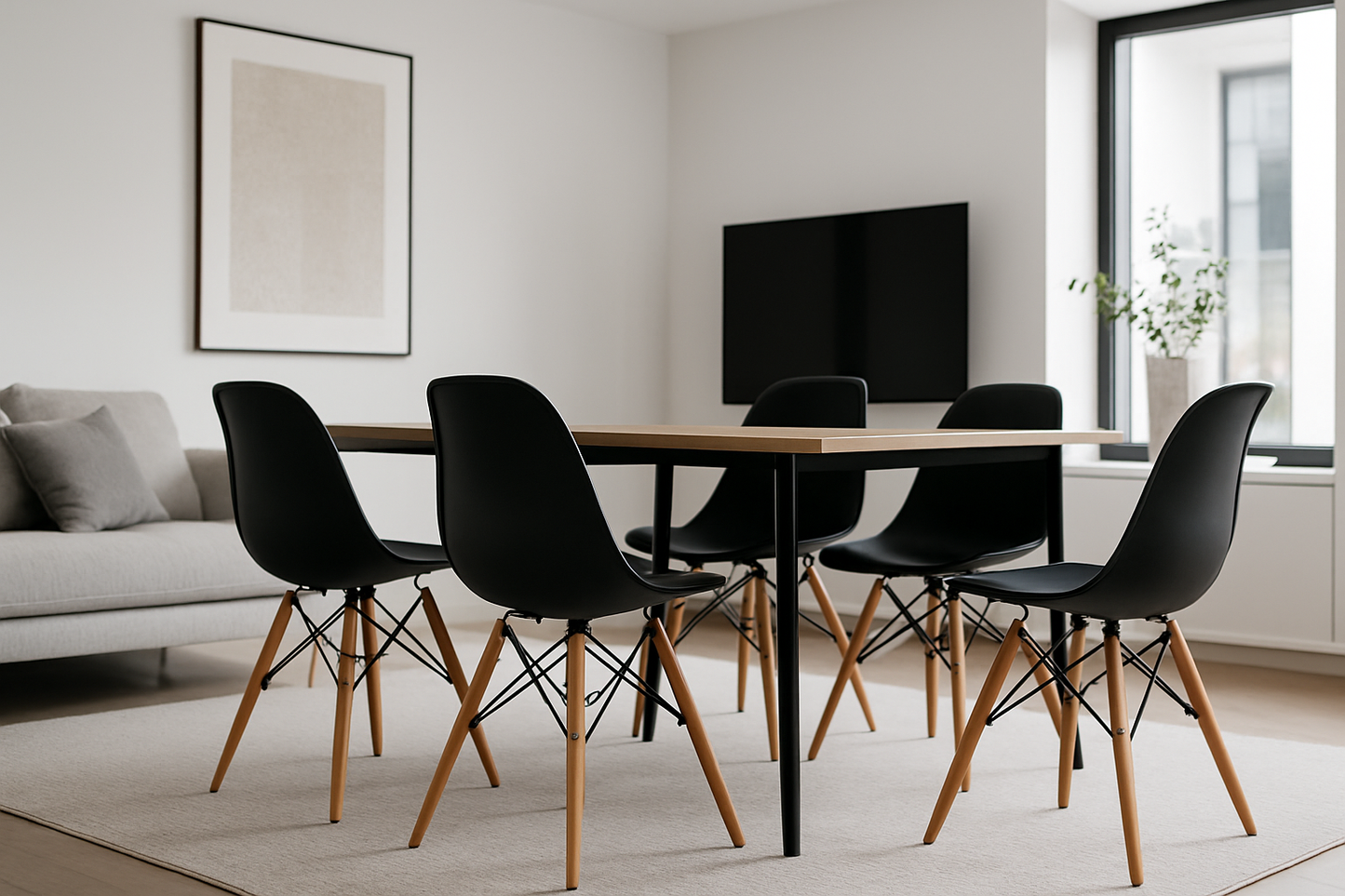 Kit de 5 sillas tipo eames de color negro con patas de mader en una sala moderna