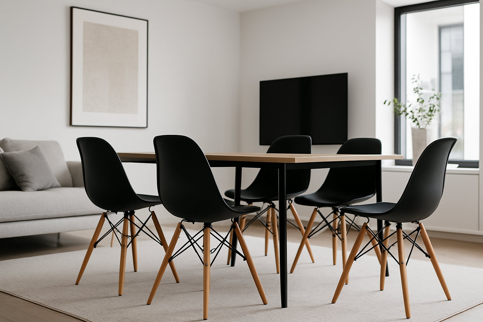 Kit de 5 sillas tipo eames de color negro con patas de mader en una sala moderna